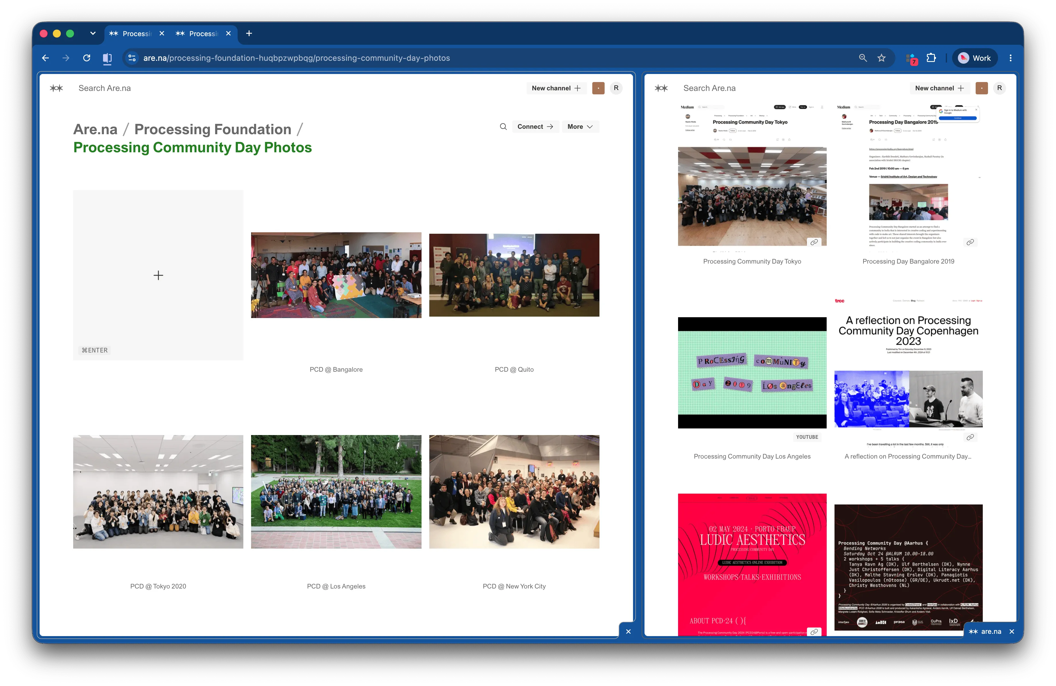Screenshot of Are.na channels showing Processing Community Day Recaps and Photos